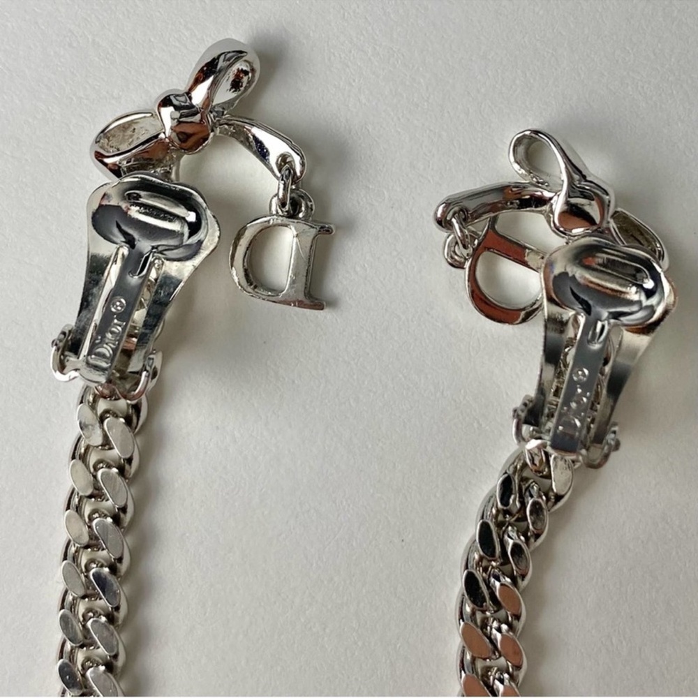 AUTH VTG Christian Dior Silver Long Chain Pink Enamel Nameplate Logo Earrings - Picture 6 of 12